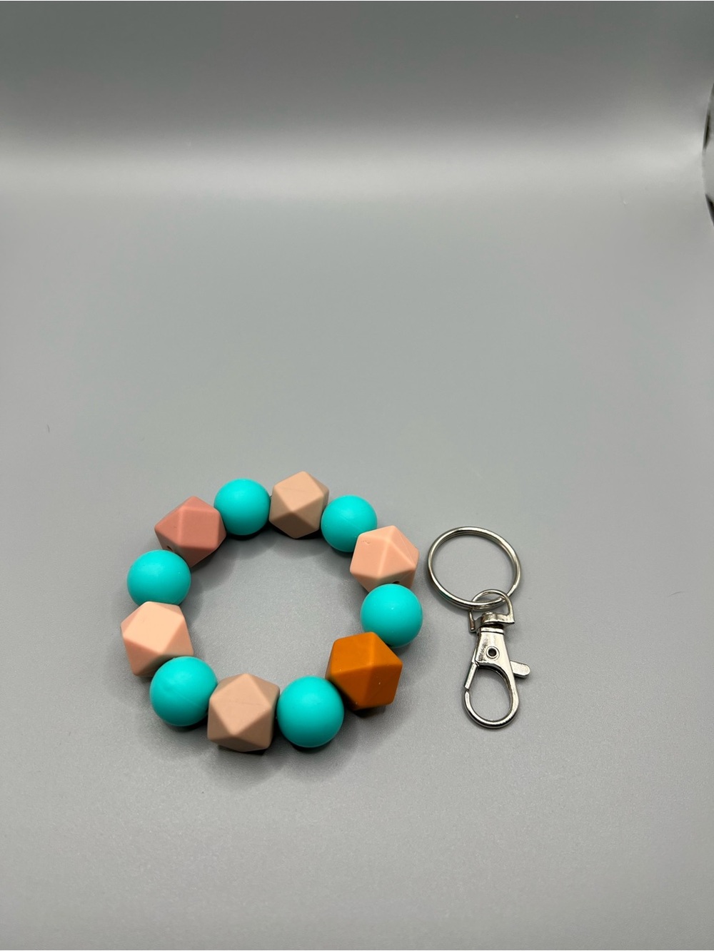 Colorful Silicone Beaded Keychain Wristlet - Teal and Cream - Handmade - K0002C